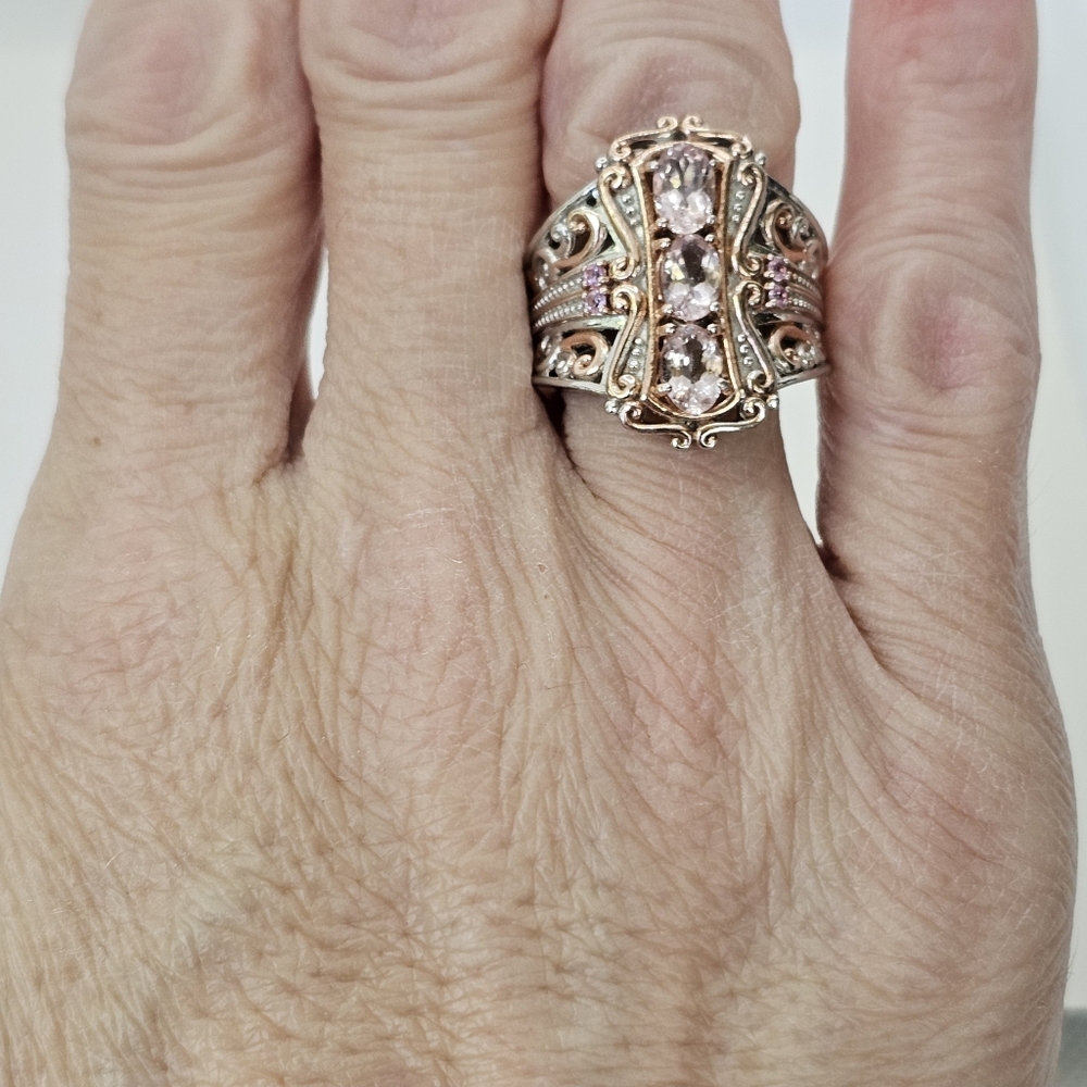 Genuine Morganite & Sapphire Ring 18K Rose Gold Palladium Sterling Silver Sz 7 - Picture 8 of 11